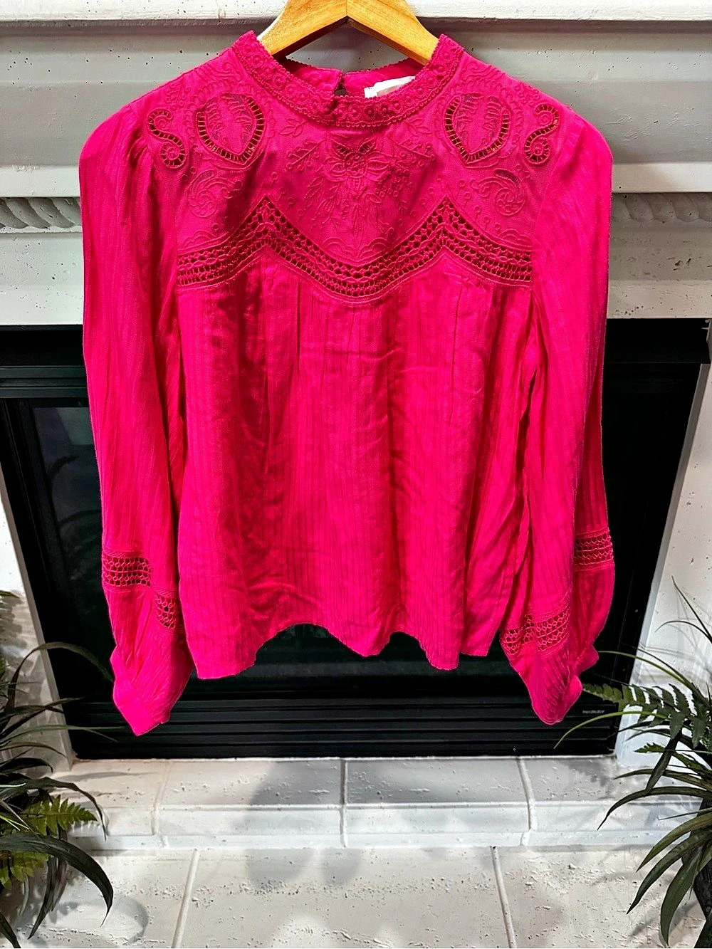 Anthropologie Harmony Embroidered Long Sleeve Blouse in Pink Size Small